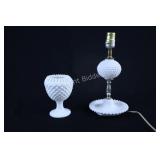 White Hobnail Glass Ribbon Edge Vase & Table Lamp
