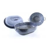 Blue-Gray Speckled Enamelware Roaster & Colander