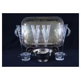 Silverplate Tray & Bowl w Napkin Rings w Champagne