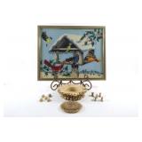 Framed Winter Birds Needlepoint w Sunflower Game