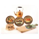 VTG Copperware Kettle, Mold, Cutting Board &Plates