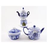 Blue & White Hand Painted Tea Pots & Lidded Bowl