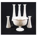 Indiana Glass Milk Glass Compote w Bud Vases