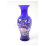 Japanese Cobalt Blue Peacock & Floral Glass Vase