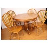 Oak Pedestal Table w Arrow Back Chairs x4