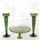 Avocado Pressed Glass Cake Platter w Candle Holder