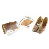 VTG Ladies Glitter Shoes, Classic Hand Fan& Clutch