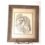 W. Michael Signed Raccoon Etching w Barn Frame