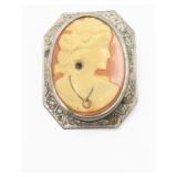 VTG 2 inch Cameo Brooch Set in Silvertone Border