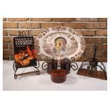 Turkey Platter, Brown Pottery, Metal Holders