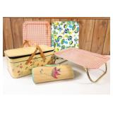 VTG Tin Picnic Basket w Wooden Handles, Jute Mat