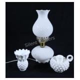 VTG Milk Glass Hobnail Boudoir Lamp, Candle & Vase