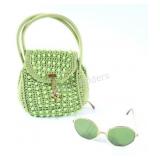 Crochet Hand Bag w Green Color Beads & Sunglasses