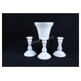 VTG Fenton Milk Glass Hobnail Vase & Candle Sticks