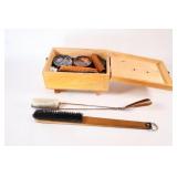 Mid Century Shoe Shine Wooden Box w Horn & Brush