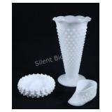 Fenton Milk Glass Hobnail Vase, Ashtray & Shoe