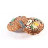 Antique Chinese Rattan Sewing Basket w Contents