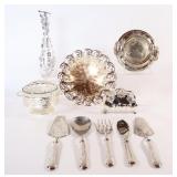Silver Overlay Bud Vase w Utensils, Tray, Frog