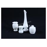 VTG Fenton Milk Glass Hobnail Vases & Jam Jar