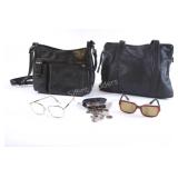Black Leather Shoulder Bags, Sunglasses, Coins