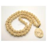 Antique Carved Ivory Cameo & Bead Necklace