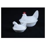 Westmoreland White Milk Glas Hen - Large & Small