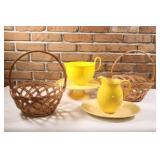 Pedestal Cake Platter, Pitcher & Wicker Baskets