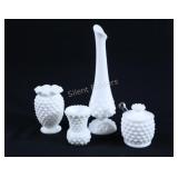 VTG Fenton Milk Glass Hobnail Vases & Jam Jar