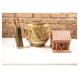 English Brass Embossed Planter, Match Holder,