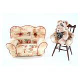 Teddy Bears in Wooden Chair w Plush Doll Couch