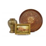 Rosewood / Teak Carved Plate, Brass Vase, Artwork