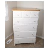 White w Contrasting Light Wood Top Tall Dresser