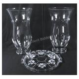 Glass Hurricane Holders w Cake Frosted Platter