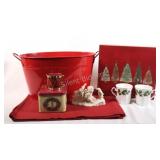 Snow Baby, Red Cloth Placemats, Metal Bin, Cups