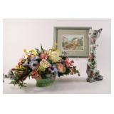Original Artwork, Italy Ceramic Cat,Floral Bouquet