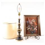 Brass/Bronze Table Lamp w Original Floral Artwork