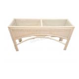 Mid- Century Wicker & Bamboo White Console Table