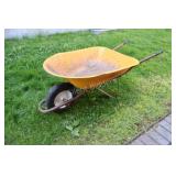 Yellow Wheelbarrow w a Steel Tray, Pneumatic Tire