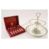 NEW-Spode Christmas Tree Tiered Tray, Spoon Set