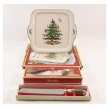 NEW-Spode Christmas Tree Tray, Cake Knife & Server