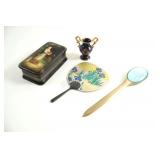 VTG Vanity Items, Miniature Vase, Trinket Box,Fan