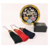 VTG Japanese Porcelain Plate,Tassels & Trinket Box