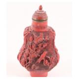 Chinese Cinnabar-Style Carved Snuff Bottle w Spoon