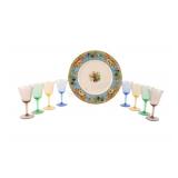 Crown Myotts Ivory Plate w Colorful Stemware