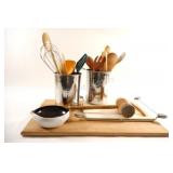 Cutting Board, Wooden & Plastic Utensils,