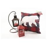 NEW Polar Bear Pillow w Metal Lantern Candle Holde