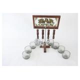 Mid-Century Bar Open Caddy Set & Smoky Glassware
