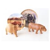 Carved Elephant & Water Buffalo Figurines, Plates