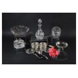 Crystal Decanter & Silver Inlay Condiment Dishes