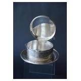 Silver Lidded Container with Tray & Markings